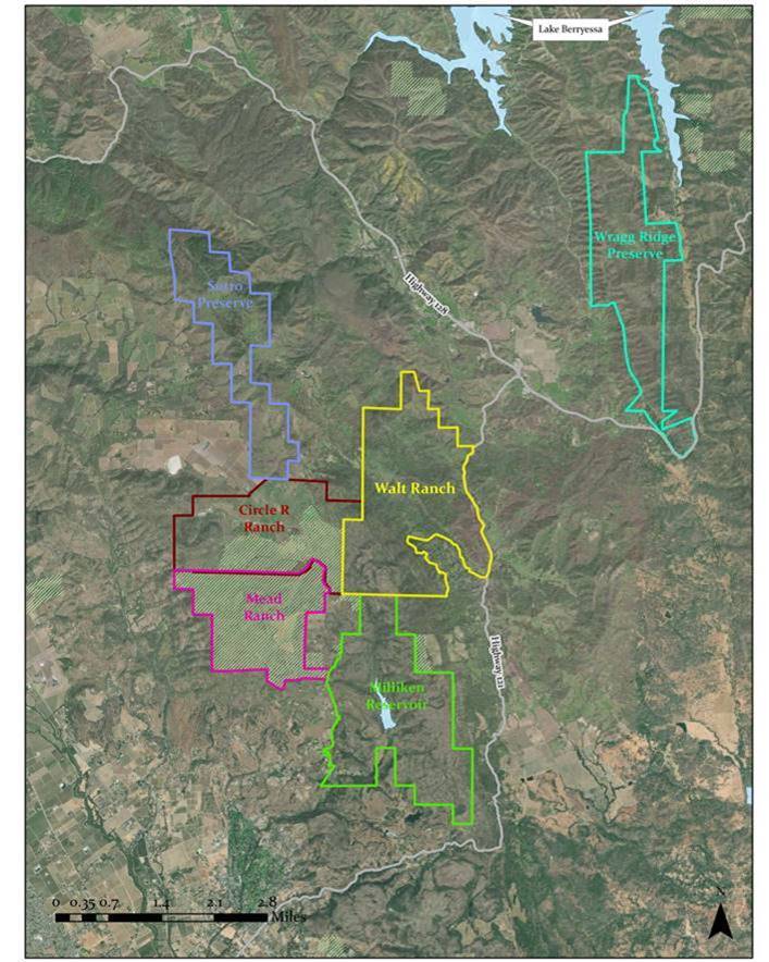Map of Walt Ranch and nearby protected land – over 7,500 acres: The City of Napa’s Milliken Reservoir property. The Land Trust’s Sutro Preserve and Wragg Ridge Preserve. Land Trust easements (hatched) over Mead Ranch, parts of Circle R Ranch and several smaller easements.