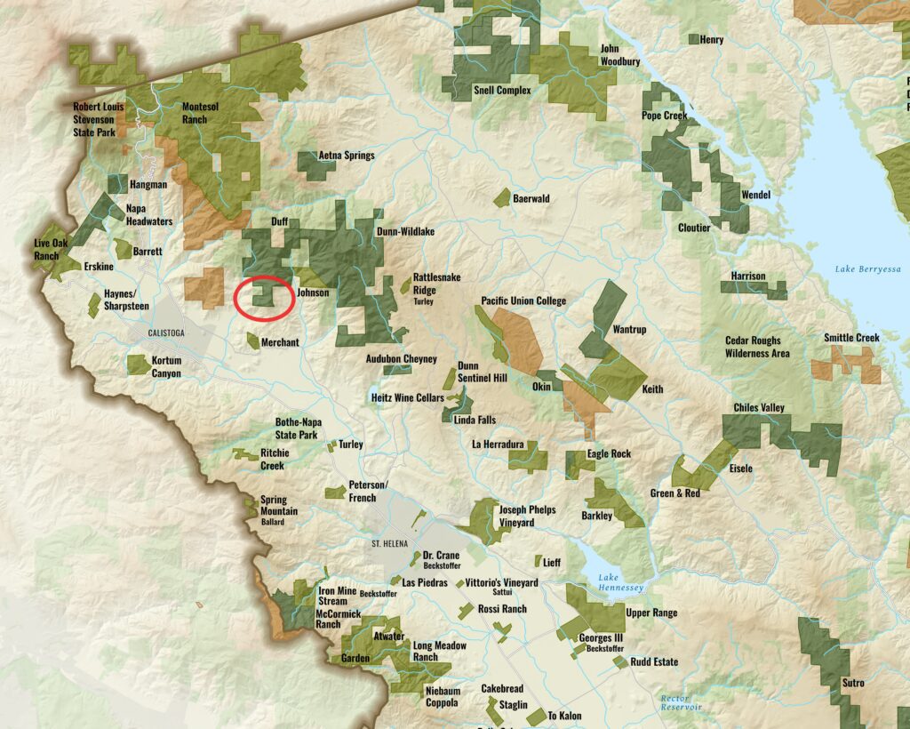 This newly protected ridgeline—shown in red—not only enhances habitat for the Dutch Henry and Pickett Canyon watersheds but also safeguards the sweeping open-space views cherished from Calistoga and throughout Napa Valley, strengthening a key wildlife corridor.